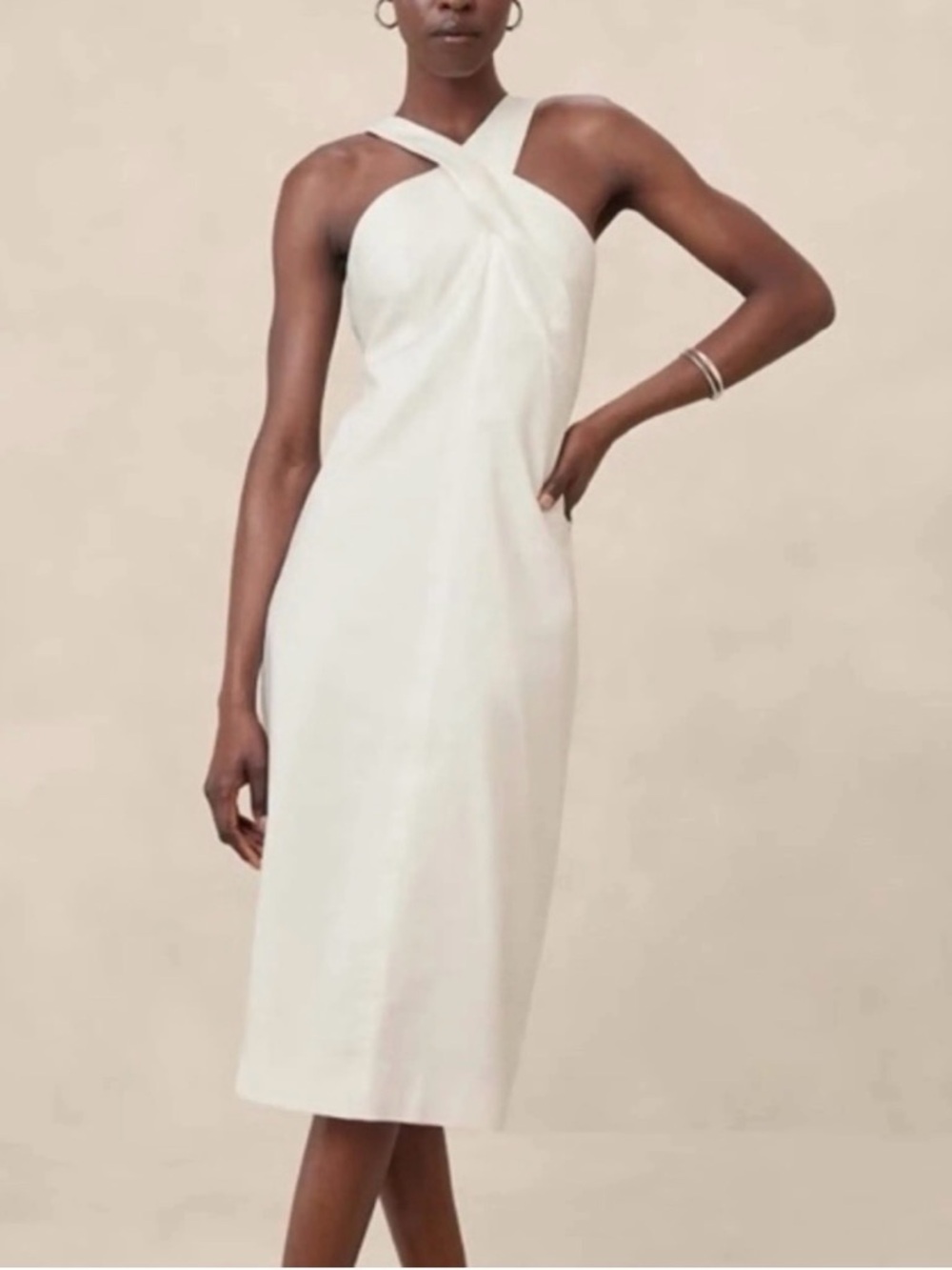 Banana Republic Ivory Linen Blend Halter Midi Dress Petite 4 NWT